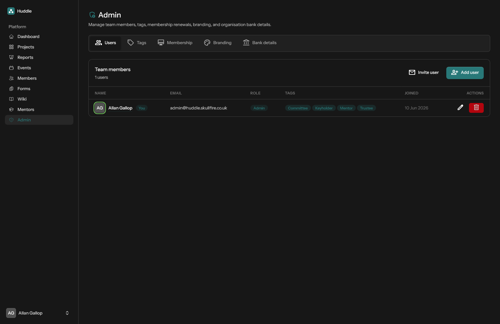 Admin — users and tags